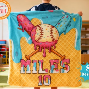 Personalized Ice Cream Drip Baseball Blankets, Custom Name Blanket Gifts for Players Birthday