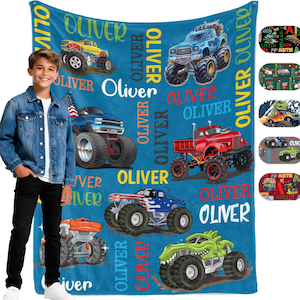 Personalized Monster Truck Kids Blanket - Custom Boys Name Throw, Birthday/Graduation season gifts