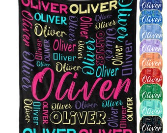 May include: A black blanket featuring the name Oliver repeated in various fonts, sizes, and colors including pink, yellow, purple, and cyan. To the right, a vertical column displays nine circular swatches showing the same name in different color schemes.