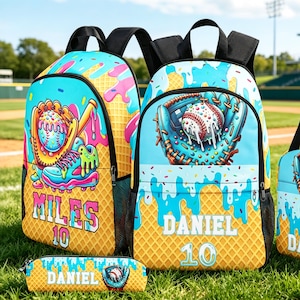 Personalized Baseball Ice Cream Drip Backpack: Custom Kids School Bag, Lunch Bag, Pencil Case