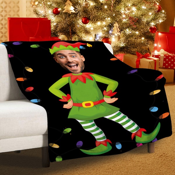Funny Christmas Elf Face Printing Blanket, Personalized Christmas Gifts for Family, Custom Face Throws, Cosplay Blanket, Fleece Blanket Gift