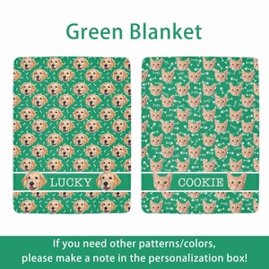 May include: Two green blankets with pet-themed designs. One features golden retriever faces and the name "LUCKY", the other has orange cat faces and the name "COOKIE". The blankets have a repeating pattern of bones and fish bones.