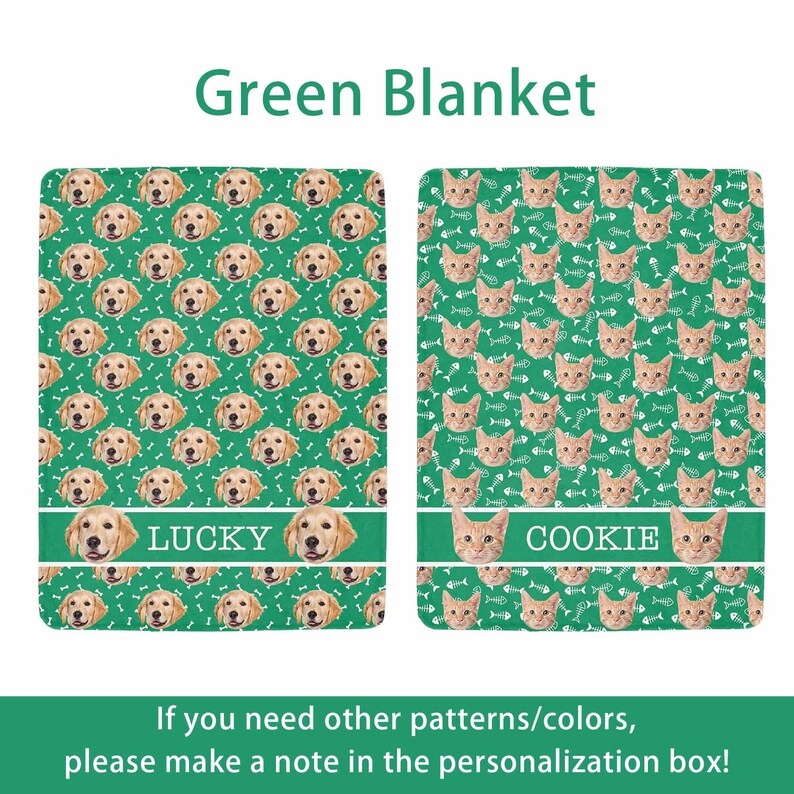 May include: Two green blankets with pet-themed designs. One features golden retriever faces and the name "LUCKY", the other has orange cat faces and the name "COOKIE". The blankets have a repeating pattern of bones and fish bones.
