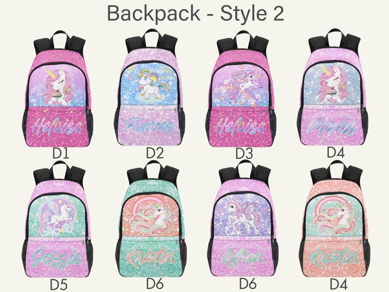 May include: Eight backpacks labeled Backpack - Style 2, each featuring a unique unicorn graphic, glittery finish, and personalized name text. The bags come in various pastel and vibrant color combinations including pink, purple, blue, and teal.
