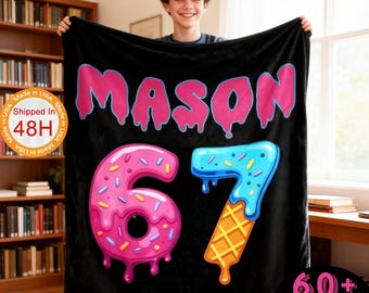Personalized 67 Ice Cream Dripped Name Blanket, Custom Funny Meme Blanket, Kids Birthday Gift