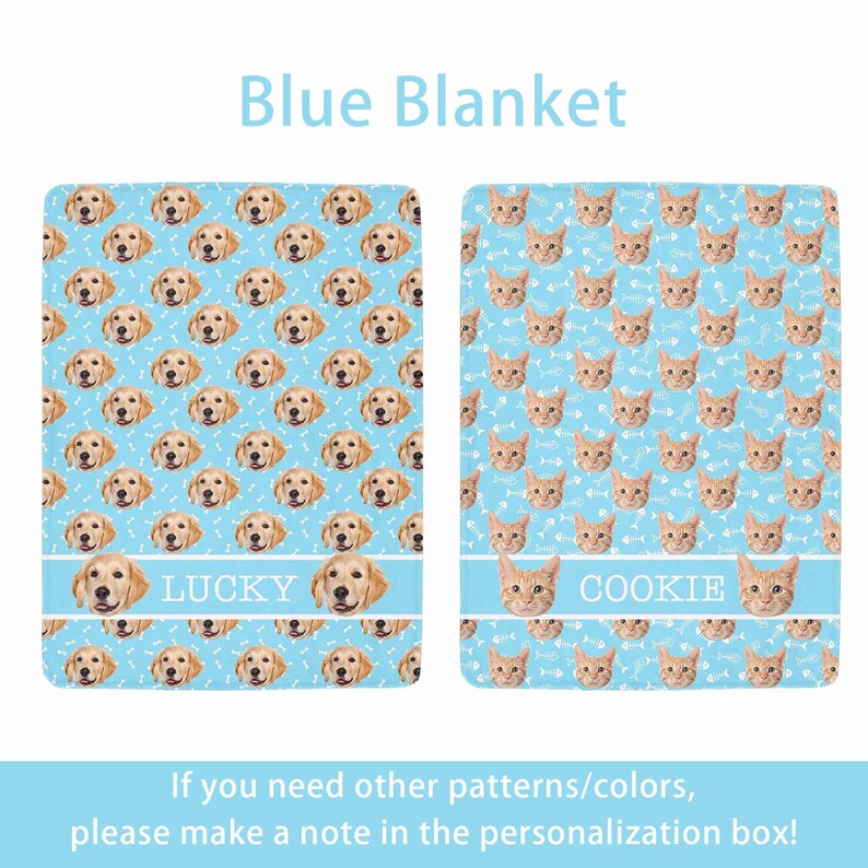 May include: Two blue blankets with pet-themed designs. One features golden retriever faces and the name "LUCKY", the other has orange cat faces and the name "COOKIE". Both have a light blue background with bone or fishbone patterns.