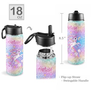 May include: An 18 oz water bottle with a black lid, flip-up straw, and swingable handle. The bottle features a pastel rainbow glitter background with a unicorn, rainbow, and stars. The name Heloise is printed on the side. It measures 8.5 inches tall.