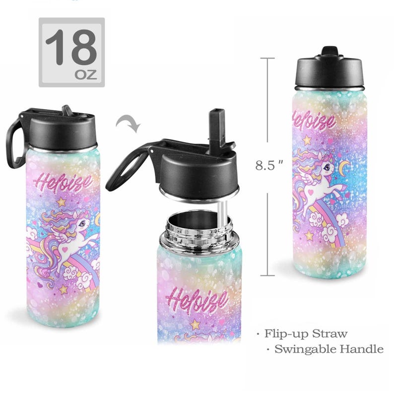 May include: An 18 oz water bottle with a black lid, flip-up straw, and swingable handle. The bottle features a pastel rainbow glitter background with a unicorn, rainbow, and stars. The name Heloise is printed on the side. It measures 8.5 inches tall.