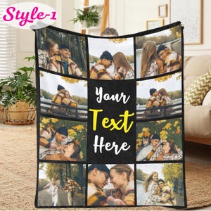 May include: A rectangular photo collage blanket featuring eight distinct images of couples in outdoor settings. The center panel is black with the yellow and white text Your Text Here. The blanket has a black border and a white Style-1 label.