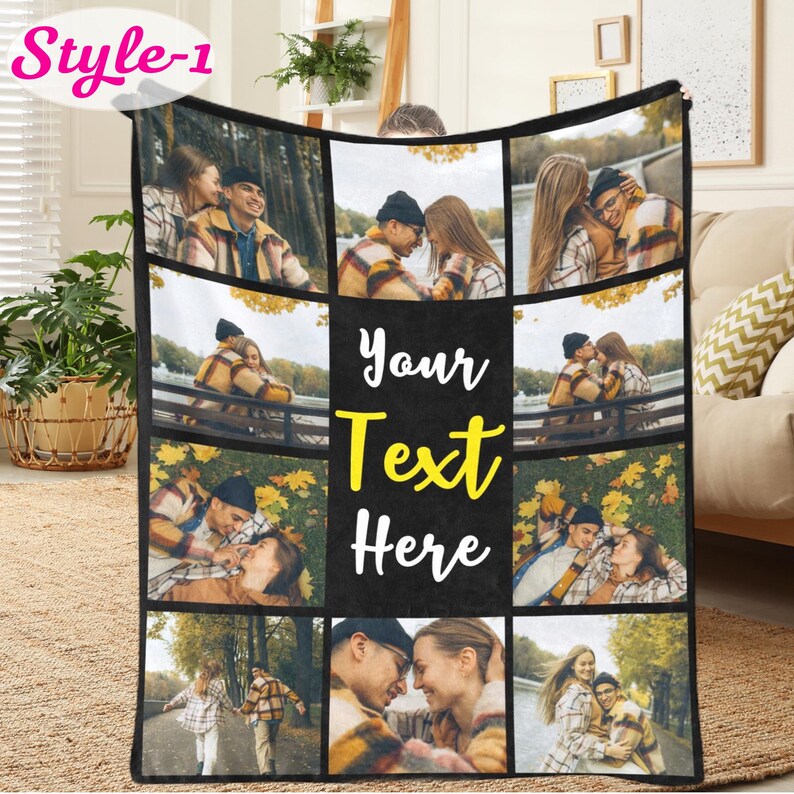 May include: A rectangular photo collage blanket featuring eight distinct images of couples in outdoor settings. The center panel is black with the yellow and white text Your Text Here. The blanket has a black border and a white Style-1 label.
