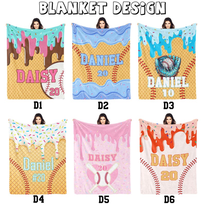 Personalized Ice Cream Baseball Blanket: Custom IceCream Drip Design Gifts for Kids afbeelding 3