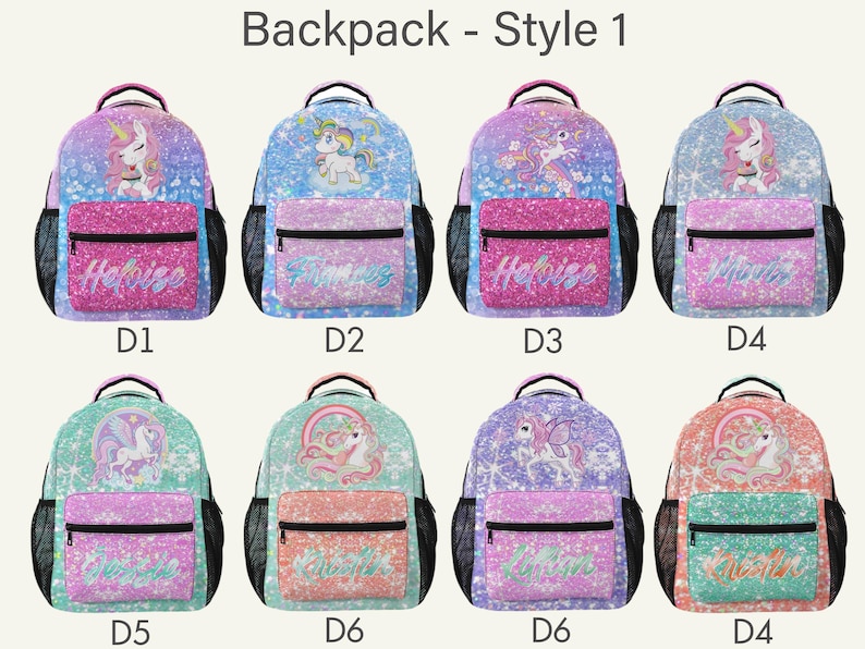 May include: Eight backpacks labeled Style 1, featuring unicorn graphics, glittery textures, and various color combinations including purple, blue, pink, and mint green. Each bag has a front zippered pocket with personalized names and side mesh pockets.