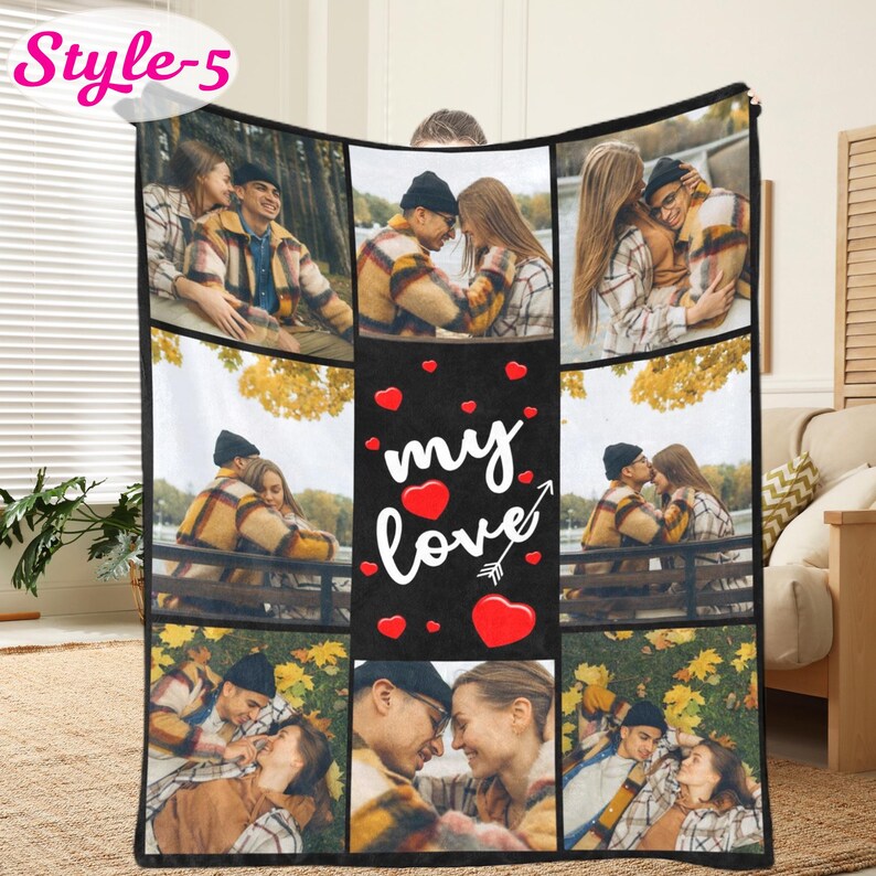 May include: A rectangular fleece blanket featuring a collage of six photographs of couples in outdoor settings, with a central black panel displaying the white text "my love" and several red heart icons. The blanket has a black border throughout.