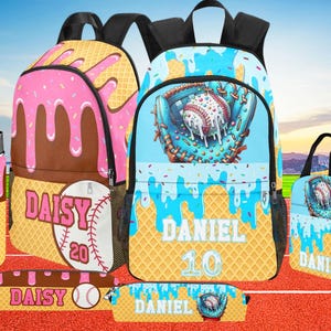 May include: A collection of baseball-themed school supplies, including backpacks, lunch bags, pencil cases, and a water bottle. The designs feature baseballs, gloves, and waffle cone patterns with names and numbers. The color scheme includes pink, brown, blue, and yellow.