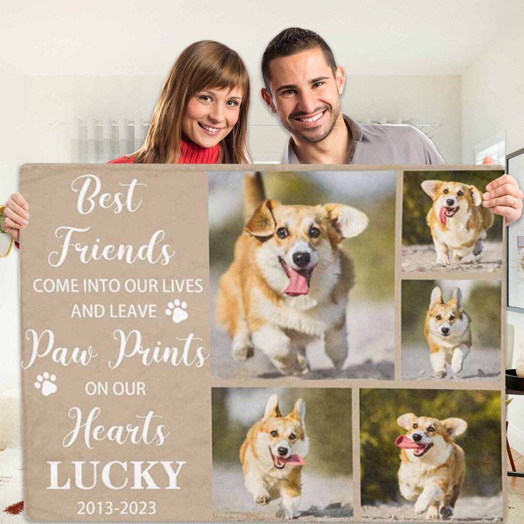Pet Memorial Paw Prints Hearts Photo Fleece Blanket, Custom Dog