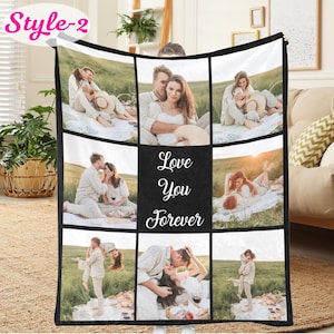 May include: A rectangular photo collage blanket featuring eight individual images of couples in a grassy field and a central black square panel with the white cursive text Love You Forever. The blanket has a thick black border framing the photos.