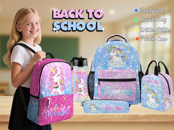 Personalized Unicorn Backpack Set: Custom School Bag, Lunchbox & Water Bottle