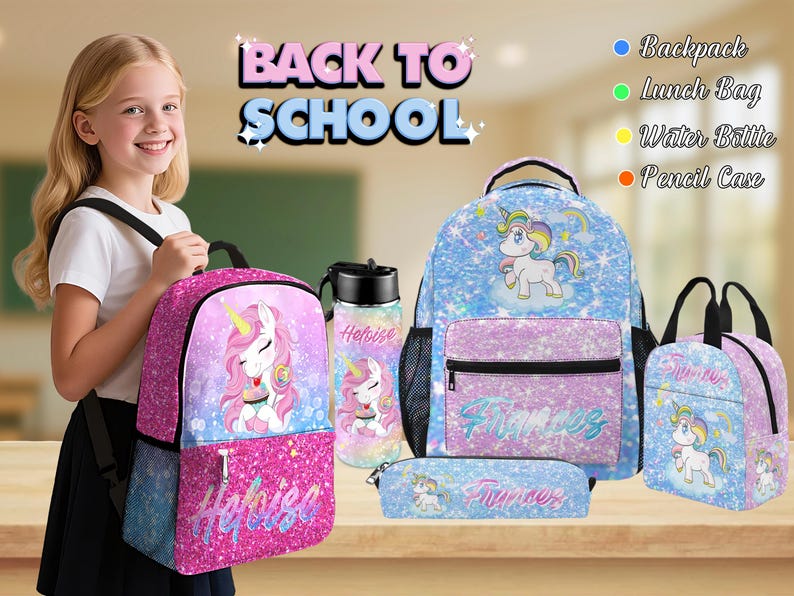 Personalized Girls Backpack Set: Custom School Bag, Lunchbox & Water Bottle image 1