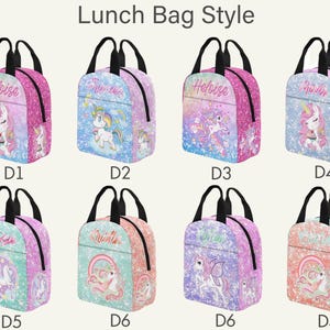 May include: Eight lunch bags with black handles and zippers, each featuring a unique unicorn graphic, glittery background patterns in various colors like pink, blue, purple, and teal, and personalized names printed above the unicorn illustrations.