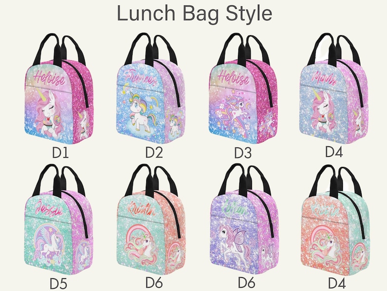 May include: Eight lunch bags with black handles and zippers, each featuring a unique unicorn graphic, glittery background patterns in various colors like pink, blue, purple, and teal, and personalized names printed above the unicorn illustrations.