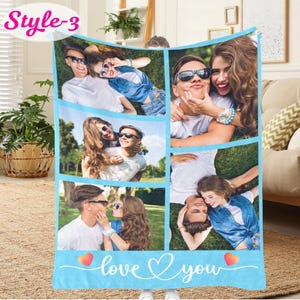 May include: A light blue fleece blanket featuring a collage of five photographs showing a couple in various outdoor settings, with the text "love you" in white cursive script at the bottom and two small heart icons in pink and orange.