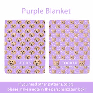 May include: Two purple blankets with pet-themed patterns. One features golden retriever faces and the name "LUCKY", the other has orange cat faces and the name "COOKIE". Both blankets have a repeating pattern of pet faces and bones.