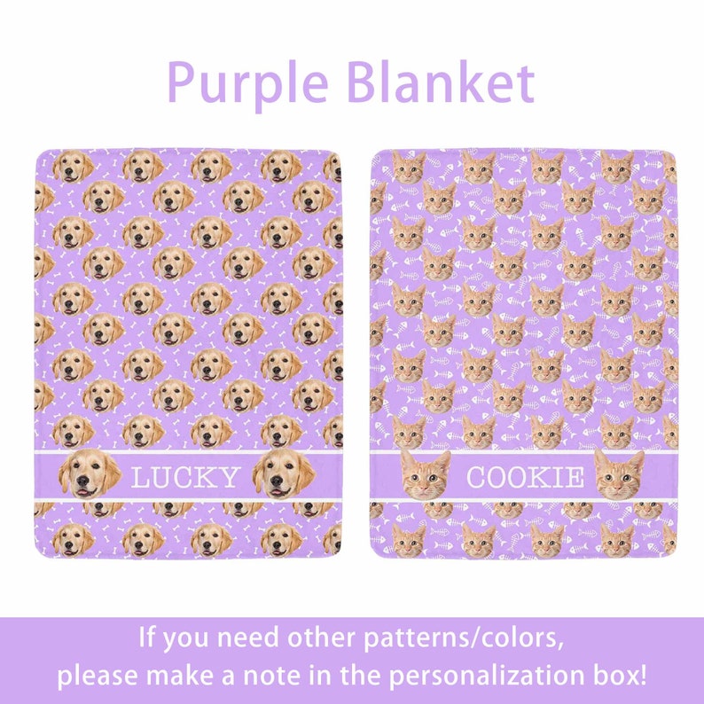 May include: Two purple blankets with pet-themed patterns. One features golden retriever faces and the name "LUCKY", the other has orange cat faces and the name "COOKIE". Both blankets have a repeating pattern of pet faces and bones.