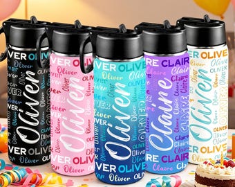 Custom Name Stainless Steel Water Bottle with Straw, Kids Birthday, Back to School Gifts