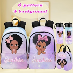 Custom Afro Black Girl Backpack, Lunch Bag, Water Bottle with Name, Custom School Bags, Back to School Gifts, Personalized Backpack for Kids