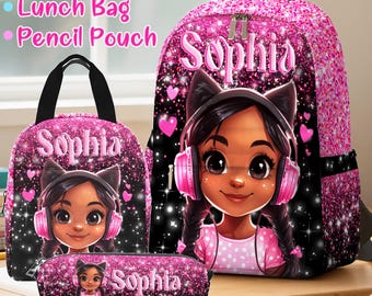 Personalized Afro Black Girl Backpack Set: School Bag, Lunch Bag & Water Bottle
