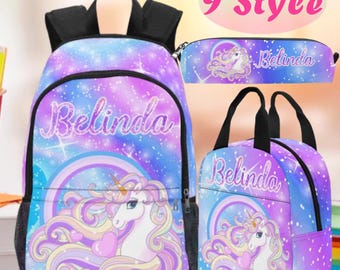 Personalized Unicorn Backpack Set: Kids School Bag, Lunch Bag & Pencil Pouch