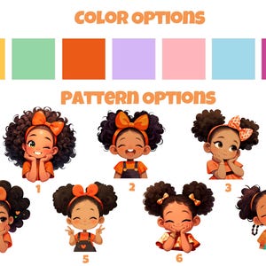 May include: A digital graphic featuring color options in yellow, mint green, orange, lavender, pink, light blue, and magenta. Below, seven numbered illustrations of children with dark curly hair and orange accessories display various expressions.