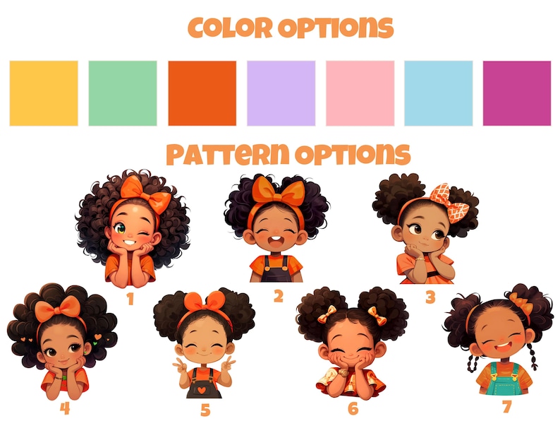 May include: A digital graphic featuring color options in yellow, mint green, orange, lavender, pink, light blue, and magenta. Below, seven numbered illustrations of children with dark curly hair and orange accessories display various expressions.