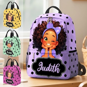 May include: A lavender backpack with black polka dots featuring a cartoon illustration of a girl with curly hair and a purple bow, with the name Judith printed in a black decorative frame on the front pocket, plus three smaller matching bags.