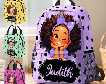 Personalized Afro Girl Backpack Set: Custom School Bag, Lunch box, Water Bottle
