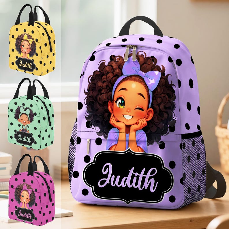 May include: A lavender backpack with black polka dots featuring a cartoon illustration of a girl with curly hair and a purple bow, with the name Judith printed in a black decorative frame on the front pocket, plus three smaller matching bags.