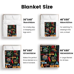 May include: A graphic showing four blanket sizes: 30"x40", 40"x50", 50"x60", and 60"x80". Each blanket features a colorful design with the name "AUSTIN" and monster truck graphics. The blankets are displayed on beds.