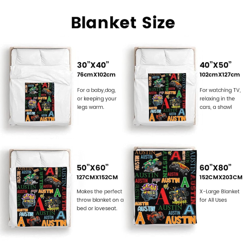 May include: A graphic showing four blanket sizes: 30"x40", 40"x50", 50"x60", and 60"x80". Each blanket features a colorful design with the name "AUSTIN" and monster truck graphics. The blankets are displayed on beds.