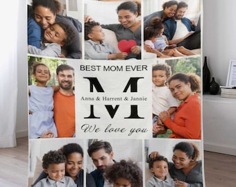 May include: A white fleece blanket with a collage of photos of a family. The photos are arranged in a grid pattern and feature a mother and her children. The text "BEST MOM EVER" is printed in black at the top of the blanket, with the names "Anna & Harrent & Janie" printed below. The text "We love you" is printed at the bottom of the blanket.