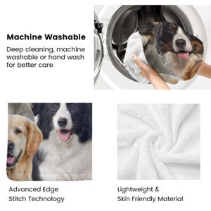 May include: A white plush blanket with a soft, fluffy texture. The blanket is machine washable and features an advanced edge stitch technology. The image also shows a washing machine with a blanket inside, highlighting the machine washable feature.