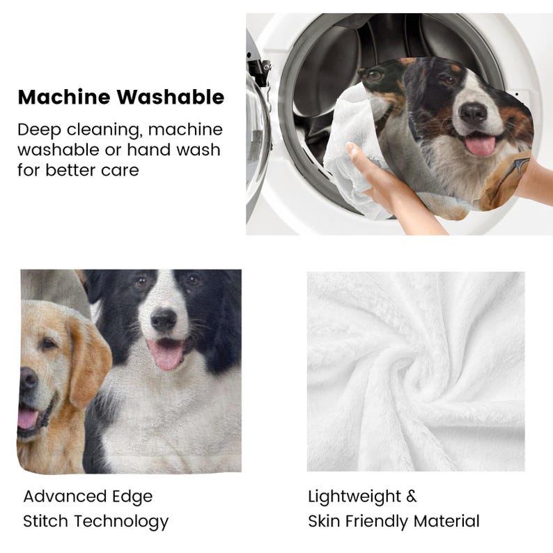 May include: A white plush blanket with a soft, fluffy texture. The blanket is machine washable and features an advanced edge stitch technology. The image also shows a washing machine with a blanket inside, highlighting the machine washable feature.