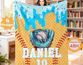 Personalized Ice Cream Baseball Blanket: Custom IceCream Drip Design Gifts for Kids