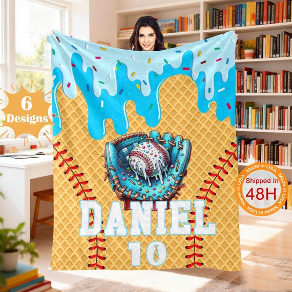 Personalized Ice Cream Baseball Blanket: Custom IceCream Drip Design Gifts for Kids