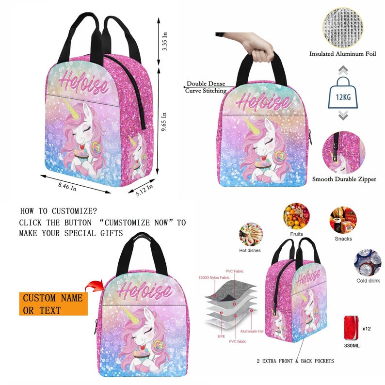 May include: A pink and blue gradient lunch bag featuring a cartoon unicorn holding a cupcake and the name Heloise. The bag has black handles, a zipper, and insulated aluminum foil lining. Dimensions are 8.46 inches wide, 5.12 inches deep, and 9.65 inches high.