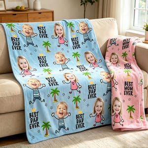 May include: Two personalized fleece blankets. One is light blue with cartoon figures and the text "BEST DAD EVER". The other is pink with the text "BEST MOM EVER". Both blankets have star and palm tree designs.