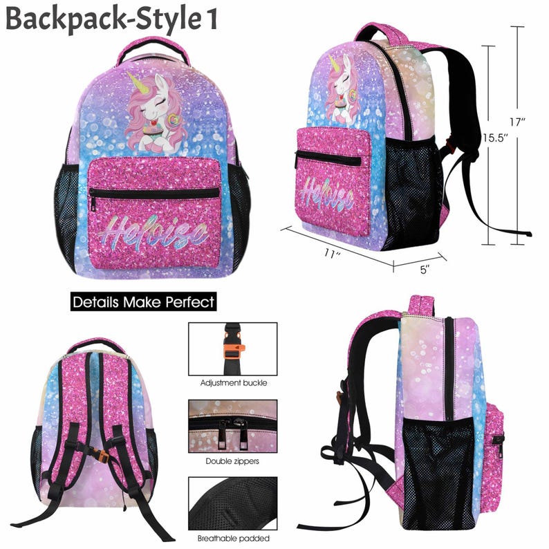 May include: A backpack featuring a unicorn graphic, a pink glitter front pocket with the name Heloise, and a purple and blue gradient background. It measures 17 inches high, 11 inches wide, and 5 inches deep, with adjustable buckles and zippers.