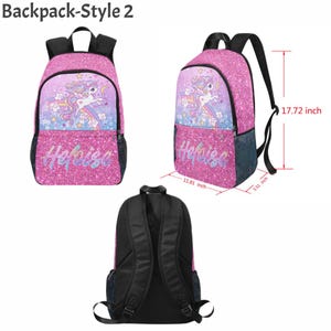 May include: A pink glittery backpack featuring a unicorn, rainbow, and star graphic with the name Heloisa printed on the front pocket. The backpack measures 17.72 inches high, 11.81 inches wide, and 5.51 inches deep, with black straps and side mesh pockets.
