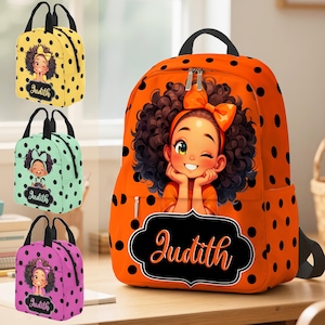 Custom Name Backpack Set for kid, Personalized Afro Black Girl Name Backpack, Lunch Bag, Water Bottle, Pencil Bag, Custom Back to School Bag