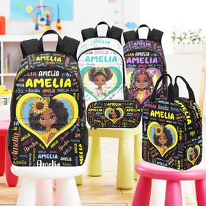 Custom Afro Black Girl Name Backpack Lunch Bag Pencil Pouch, Back to school gift for girl, personalized backpack for kids, Preschool Bookbag