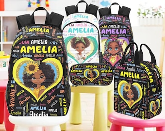 Personalized Afro Black Girl Backpack Set: School Bookbag, Lunch Bag & Pencil Pouch